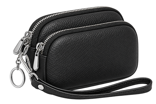 Women’s Genuine Leather Wristlet Wallet, Double-Zipper Compact Handbag with Compartments