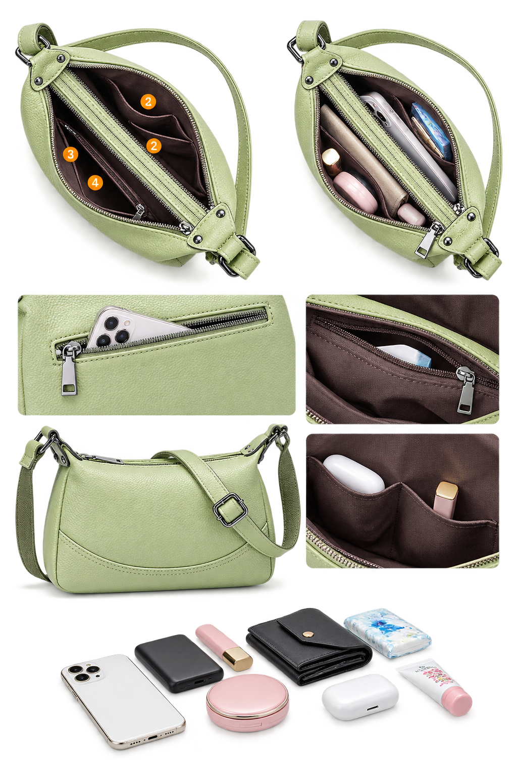 Women’s Sage Green Shoulder Crossbody Bag – Adjustable Strap